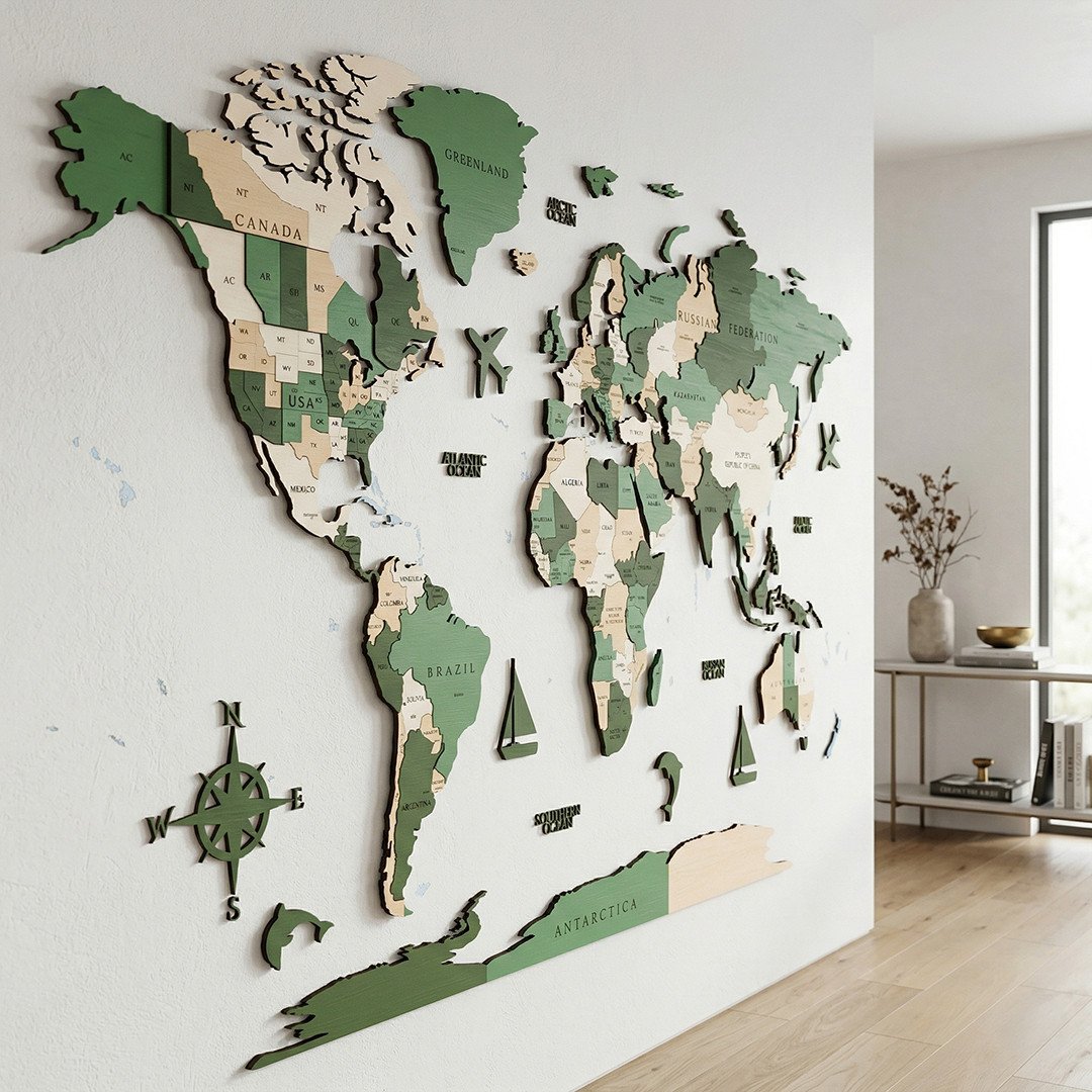 wooden world map wall decor