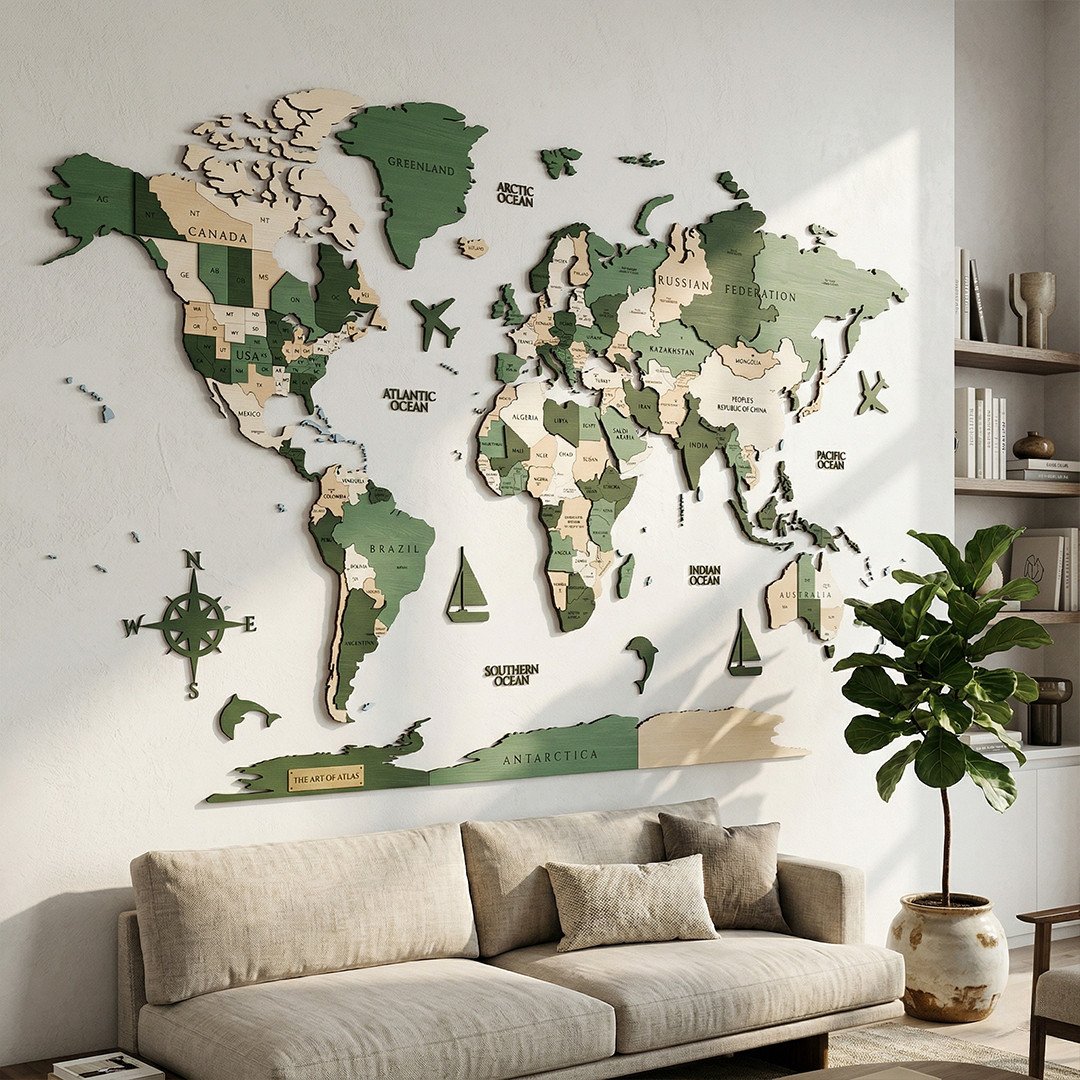 wooden world map wall decor