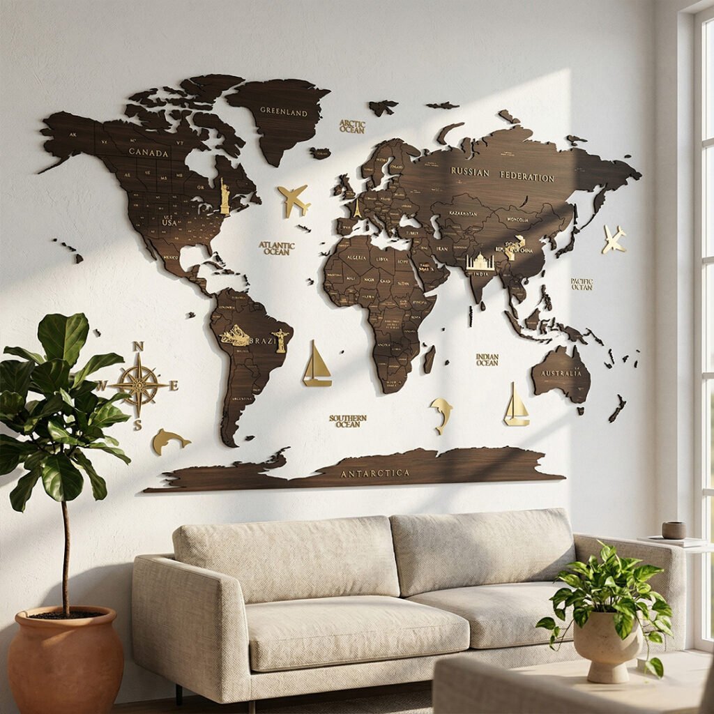 wooden world map wall decor