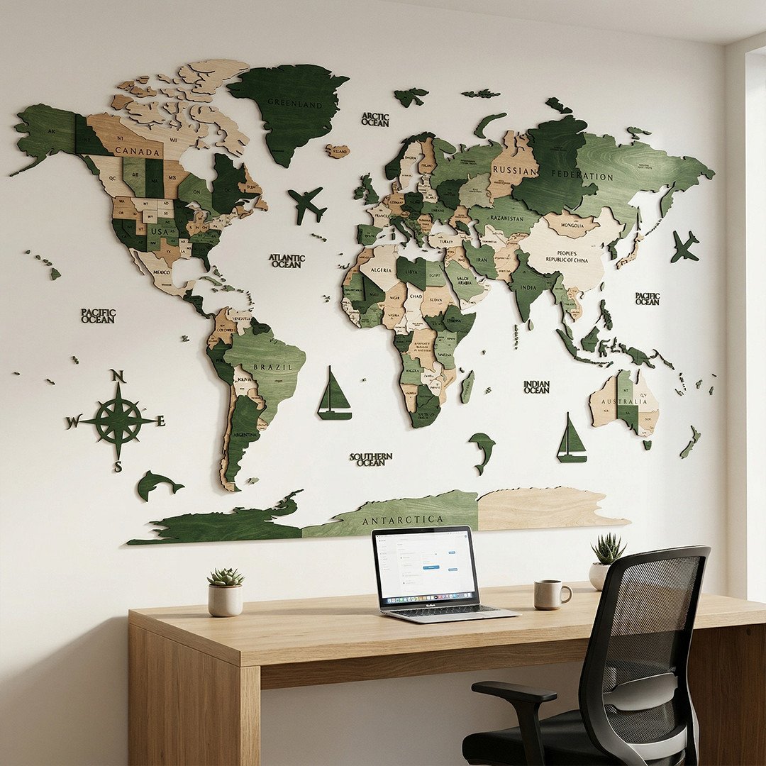 wooden world map wall decor