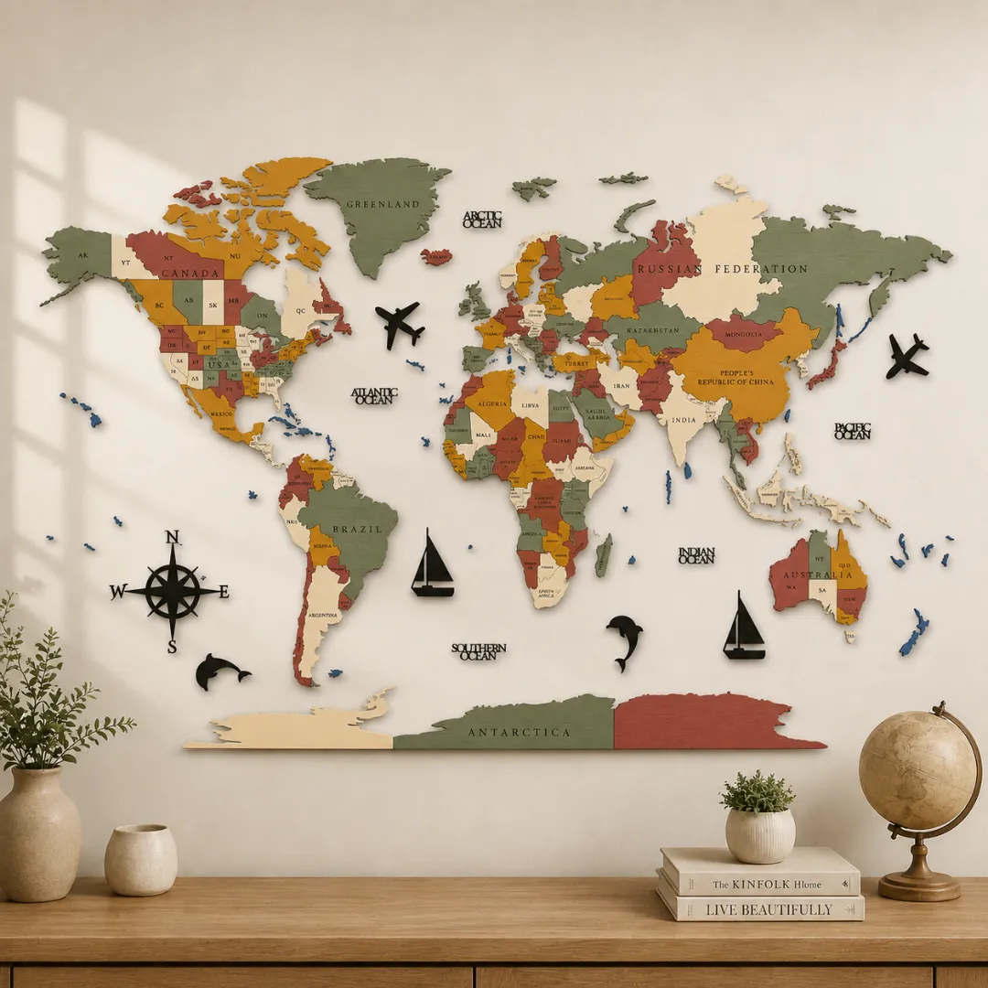 Earth Tone 3D Wooden World Map - Image 2