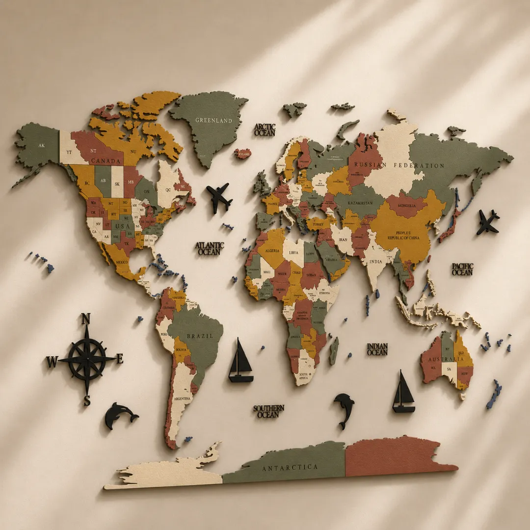 Earth Tone 3D Wooden World Map - Image 3