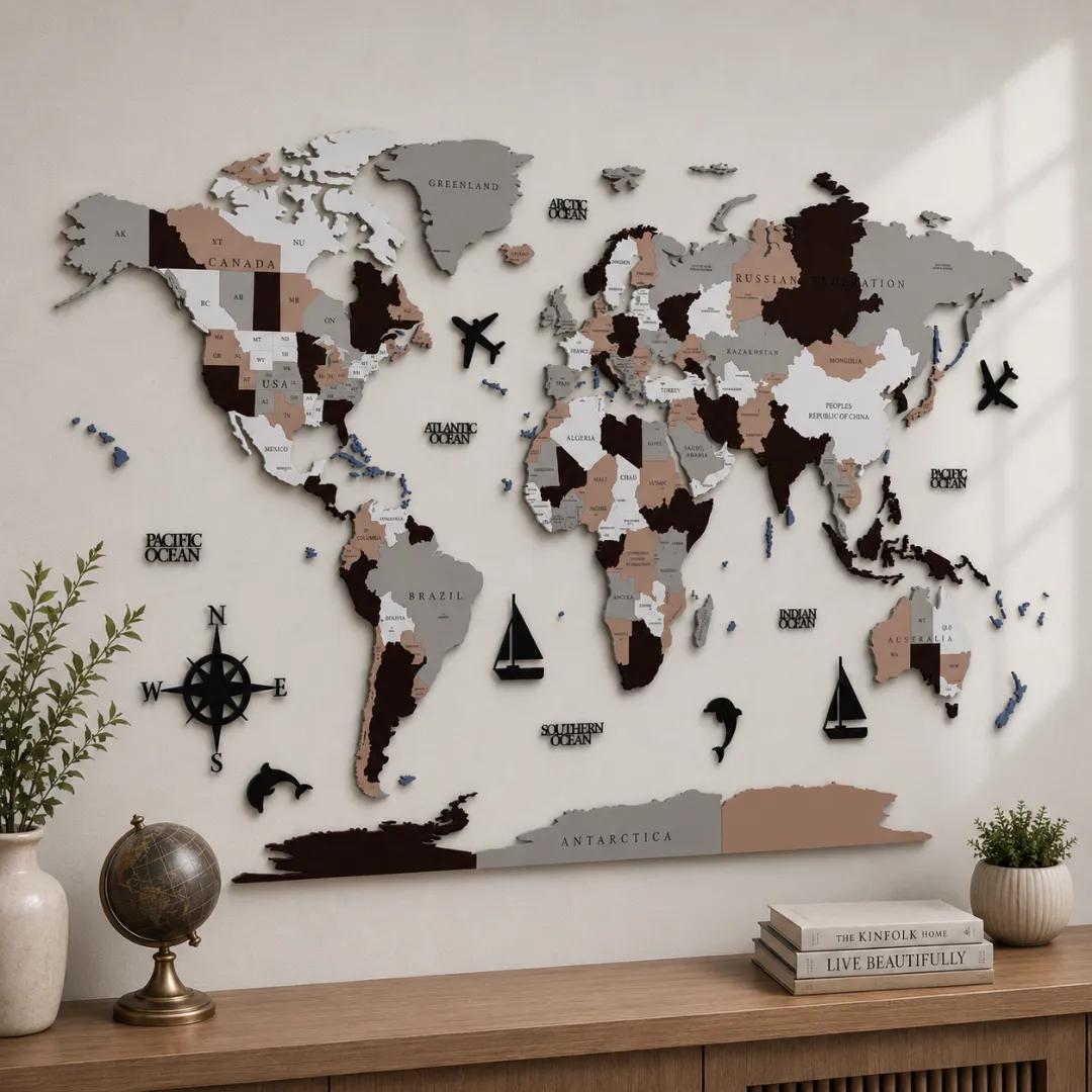 Luxury 3D Wooden World Map Wall Decor