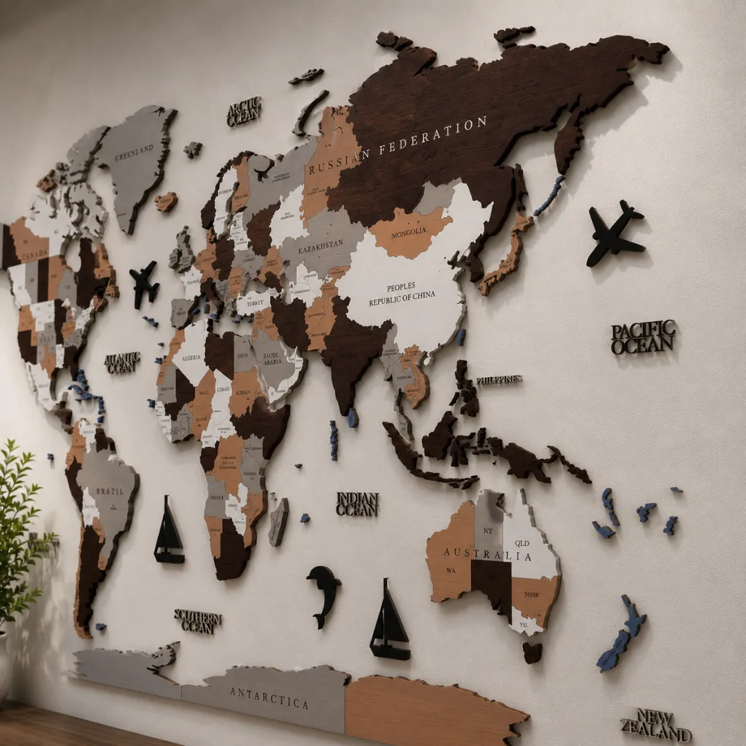 Luxury 3D Wooden World Map Wall Decor