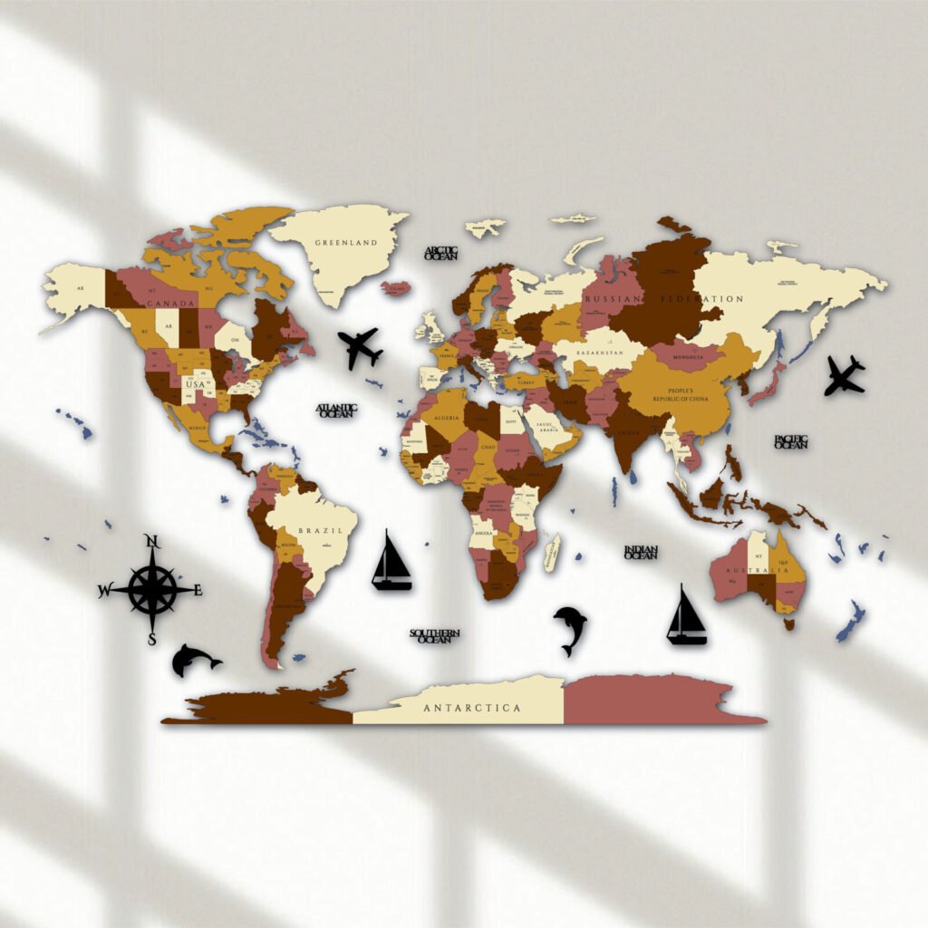 3D Wooden World Map Wall Decor