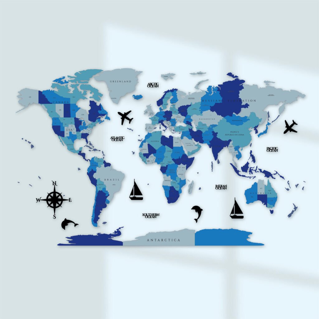 Ocean Blue 3D Wooden World Map Wall Decor by MAPORA