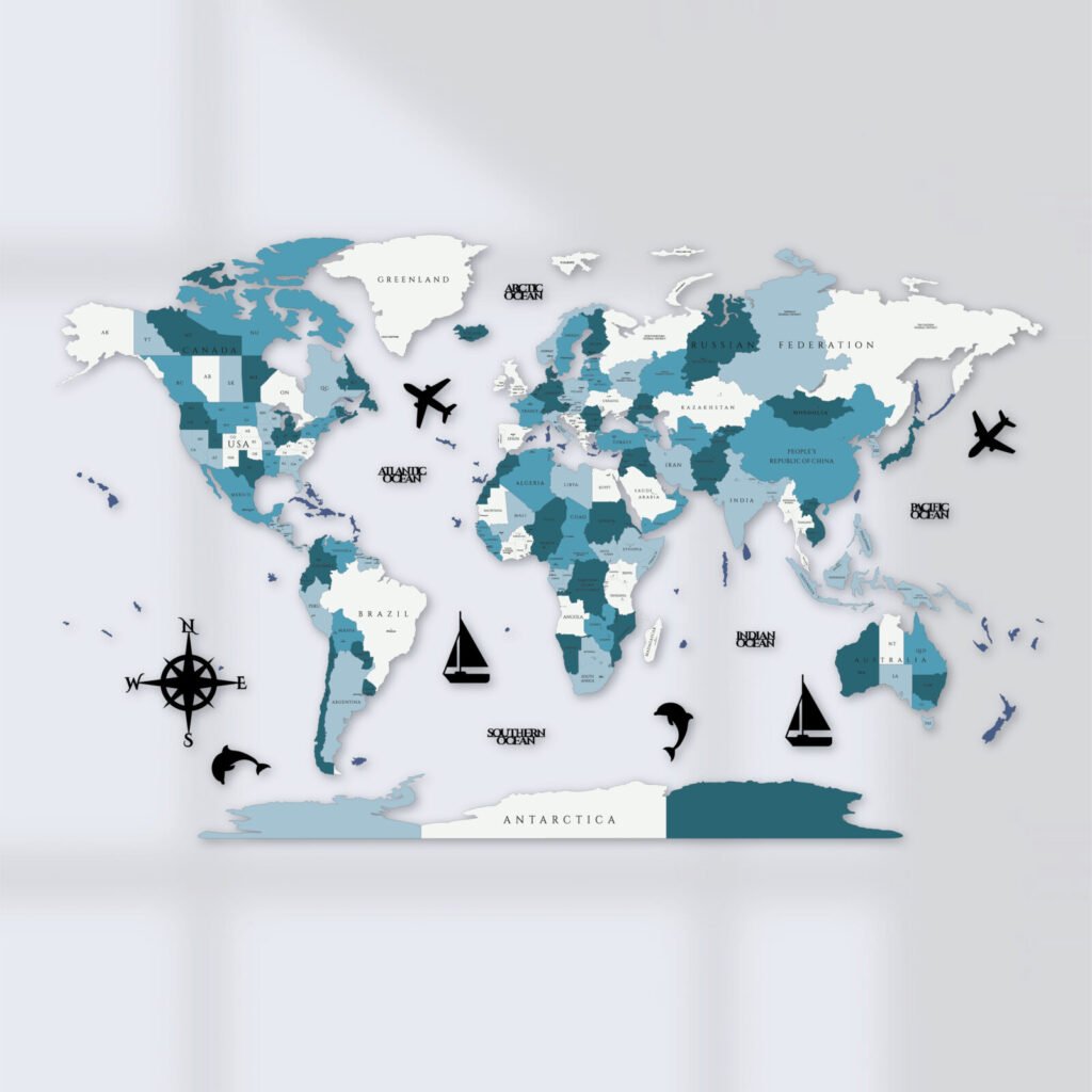 Crystal Blue 3D Wooden World Map