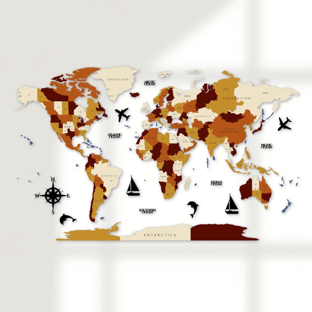 Golden 3D Wooden World Map