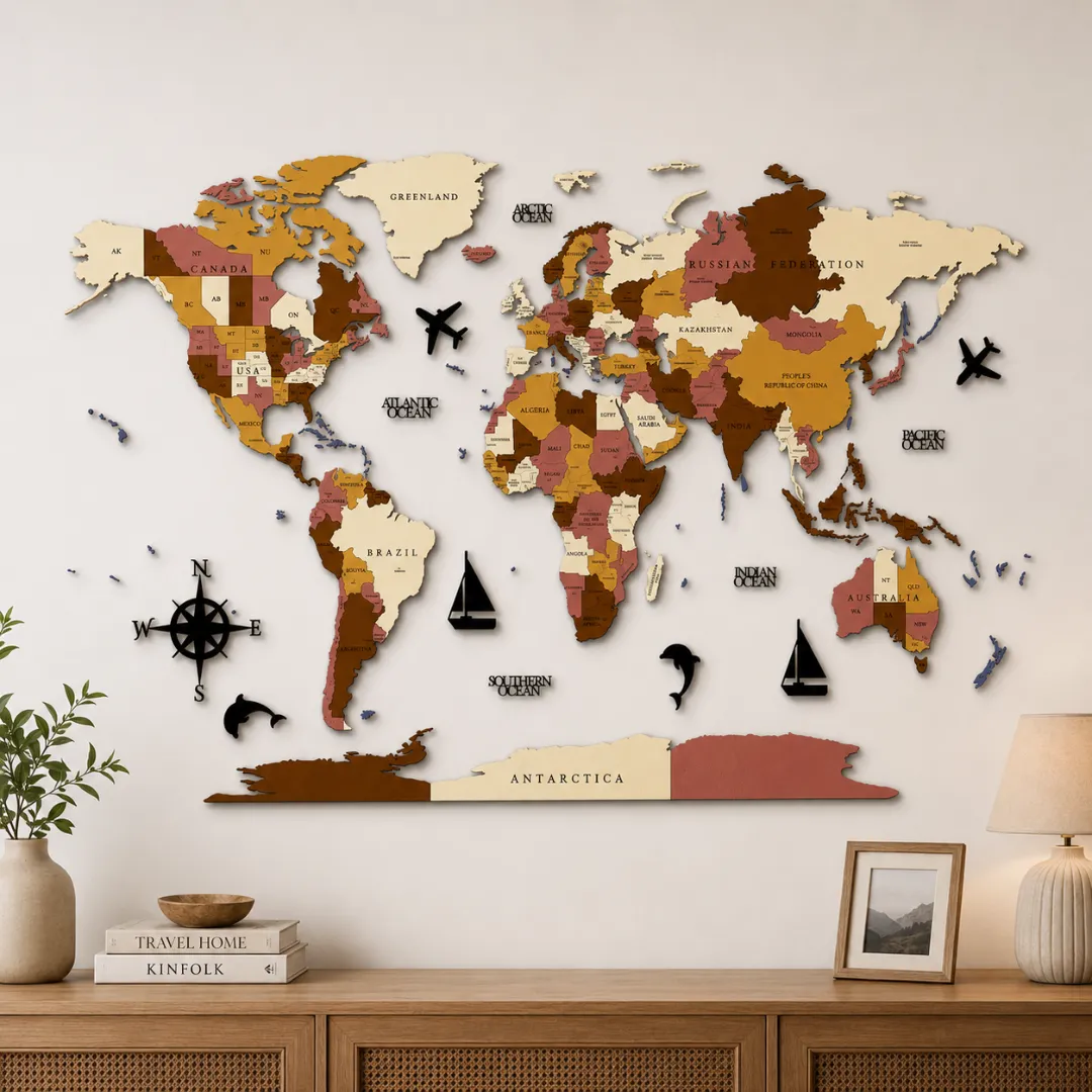 MAPORA Vintage Brown 3D Wooden World Map - Image 2