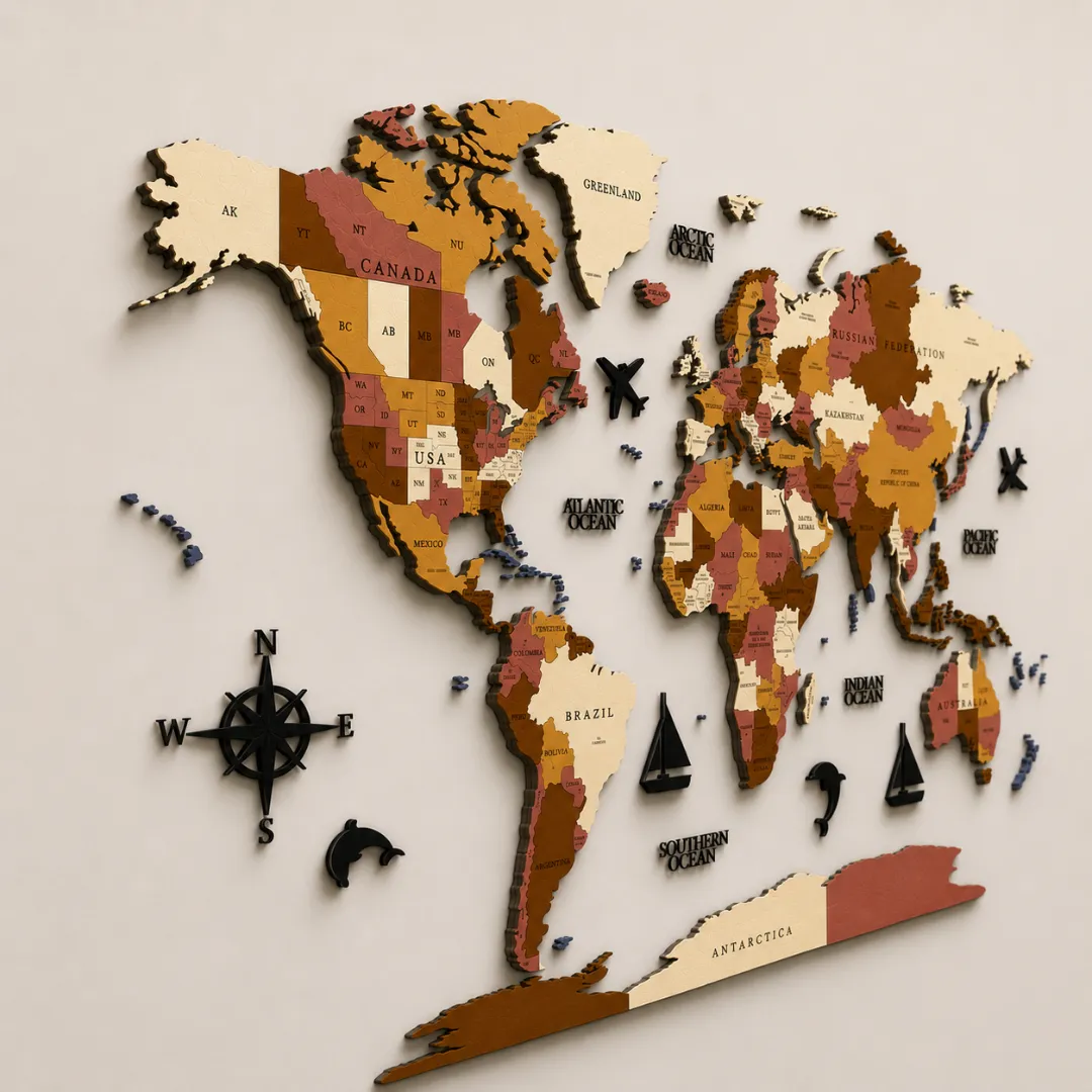 MAPORA Vintage Brown 3D Wooden World Map - Image 3